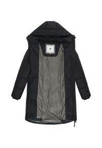Cappotto piumino nero con cappuccio, dotato di chiusura con zip, polsini elastici e una fodera interna grigia e liscia. Logo sull'etichetta interna.