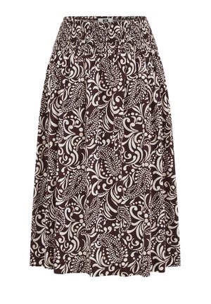 Pruun midi-seelik valge abstraktse lille- ja paisleymustriga, elastse kummikujuga vöökoha ning voolava kangaga.