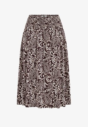 Pruun midi-seelik valge abstraktse lille- ja paisleymustriga, elastse kummikujuga vöökoha ning voolava kangaga.