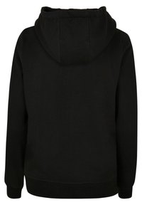 Zwarte hoodie gemaakt van zachte stof, met een grote capuchon, ribbelboorden en een geribde zoom. De achterkant is eenvoudig zonder zichtbare logo's of patronen.