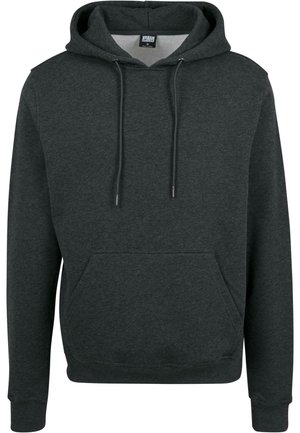 Grauer Kapuzenpullover aus weichem Material mit Kängurutasche, verstellbarem Kordelzug, gerippten Bündchen und Saum. Einfaches Design, keine Muster.