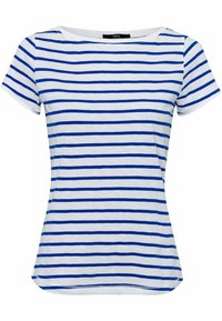 T-shirt blanc à manches courtes avec des rayures horizontales bleues et un col rond, étiqueté avec la marque « zero » à l'intérieur du col.