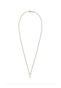 Guld-tone halskæde med en fin kæde, der har en tårnformet opalvedhæng. Glat tekstur, minimalistisk design.