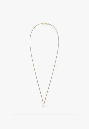 Guld-tone halskæde med en fin kæde, der har en tårnformet opalvedhæng. Glat tekstur, minimalistisk design.