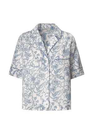 Chemise à manches courtes en tissu léger avec un motif floral bleu sur fond blanc. Comprend une poche poitrine et une coupe décontractée.