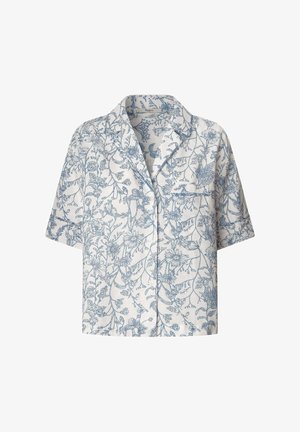 Korte mouwen shirt van lichte stof met een blauw bloemenpatroon op een witte achtergrond. Inclusief een borstzak en een ontspannen pasvorm.