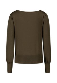 Olivenfarbener Pullover mit langen Ärmeln, weitem Ausschnitt, geripptem Saum und gerafftem Schulterdetail, aus weichem, leichtem Stoff.