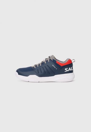 Navy athletic shoes with a textured upper, grey laces, red accent at the heel, and a white rubber sole featuring a traction pattern.