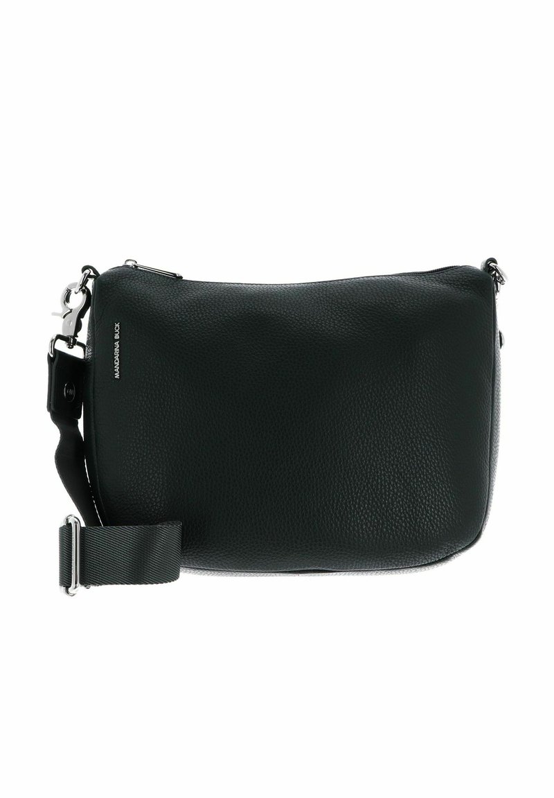 Sac bandoulière en cuir noir avec finition texturée, de forme rectangulaire et avec une bandoulière réglable. Il dispose d'une fermeture éclair et d'accents en métal argenté.