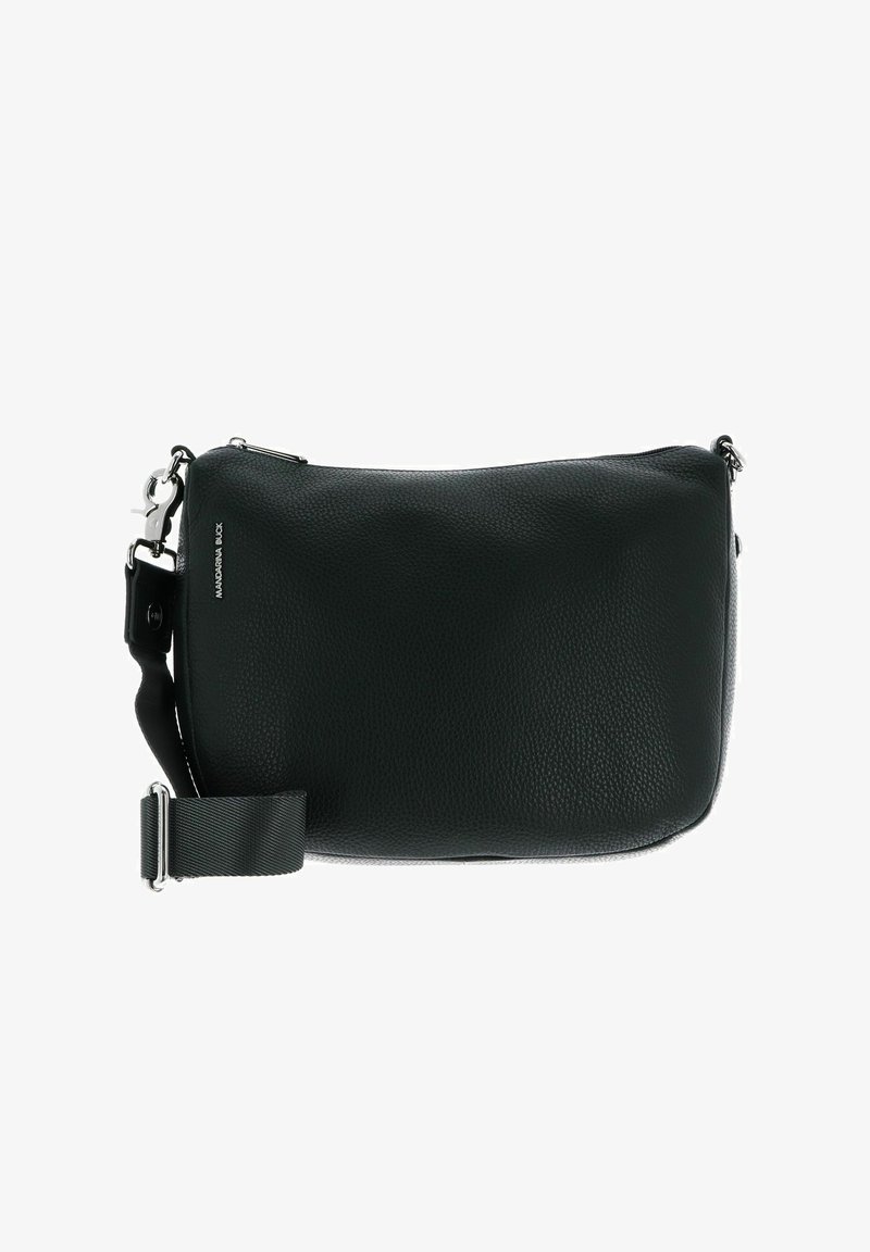 Sac bandoulière en cuir noir avec finition texturée, de forme rectangulaire et avec une bandoulière réglable. Il dispose d'une fermeture éclair et d'accents en métal argenté.