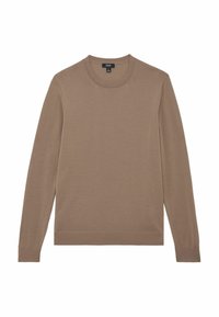 Brązowy sweter z długim rękawem wykonany z miękkiej dzianiny. Posiada okrągły dekolt i ściągacze na mankietach, o gładkiej, jednolitej fakturze.