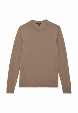 Bruine trui met lange mouwen, gemaakt van zachte gebreide stof. Heeft een ronde halslijn en geribde manchetten, met een gladde, gelijkmatige textuur.