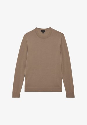 Brauner Pullover mit langen Ärmeln aus weichem Strickstoff. Verfügt über einen runden Halsausschnitt und gerippte Bündchen, mit einer glatten, gleichmäßigen Textur.