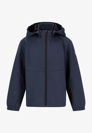 Marineblå vandtæt jakke med hætte, der har en frontlynlås, elastiske manchetter og synlig branding på ærmet. Glat tekstur.