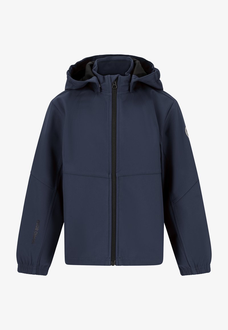 Marineblå vandtæt jakke med hætte, der har en frontlynlås, elastiske manchetter og synlig branding på ærmet. Glat tekstur.