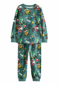 Vihreä pyjama-asusetti, jossa on Mario Kart -teema. Pitkähihaainen paita ja siihen sopivat housut, joissa on värikkäitä hahmo- ja logo-suunnitteluja. Pehmeä kangas.