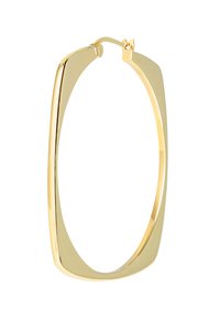 Zlatá kovová kruhová náušnice s obdélníkovým tvarem a hladkým, lesklým povrchem. Obsahuje bezpečné zapínání pro upevnění.