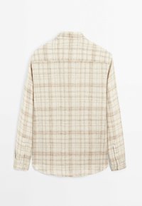 Camicia a maniche lunghe a quadri in tonalità beige e marrone, con colletto botton-down e sottili righe orizzontali e verticali. Tessuto morbido.