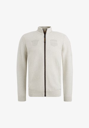 Hellbeige Zip-Up-Pullover mit strukturiertem Strickmuster, ausgestattet mit zwei Brust-Patches sowie gerippten Bündchen und Saum. Der Reißverschluss hat einen dunklen Akzent.