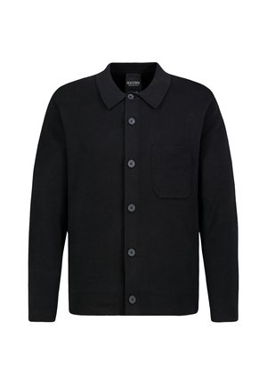 Schwarzer langärmliger Knopf-Cardigan mit Kragen und linker Brusttasche aus strukturiertem Stoff.
