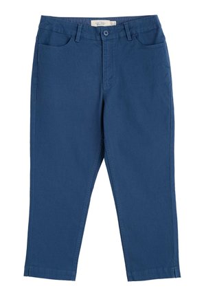 Blue cotton-chambray pants, straight-leg cut, featuring front pockets, a waistband with loops, and a single button closure.