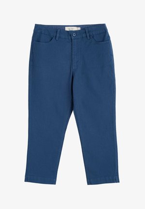 Zilā kokvilnas-šambri bikses, taisnas kājas griezuma, ar priekšējiem kabatām, jostas joslu ar cilpām un vienu pogu.