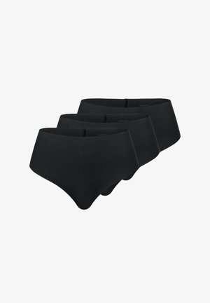 Three black seamless high-waist briefs arranged in a staggered row on a white background.