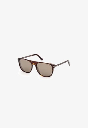 Ochelari de soare tortoiseshell cu lentile maronii, rame rectangulare și accente subțiri din metal pe brate. Textură netedă pe întreaga suprafață.