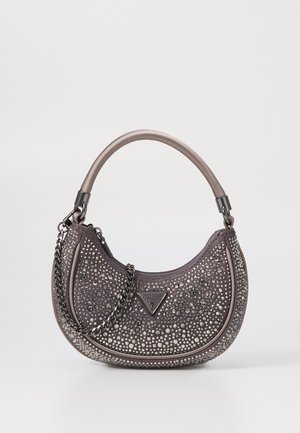 Small grey handbag with a rounded shape, studded texture, metal chain strap, and a logo triangle on the front.