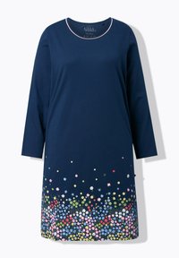 Vestito blu navy con maniche lunghe, scollo rotondo e ricami floreali sull'orlo in vari colori su sfondo solido.