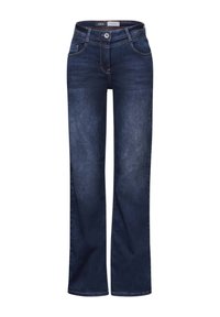 Donkerblauwe denim jeans met een recht model, vijf zakken en contrasterende stiksels, met een knoop- en ritssluiting.