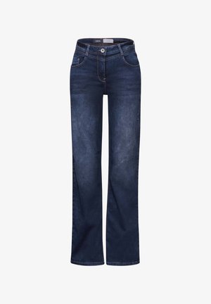 Jean en denim bleu foncé avec une coupe droite, cinq poches et des coutures contrastées, doté d'une fermeture à bouton et à zip.