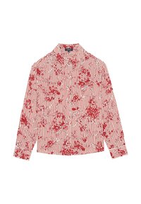 Camicia a maniche lunghe con bottoni, a strisce verticali rosse e motivi floreali rossi su sfondo bianco.