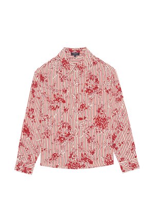 Koszula z długim rękawem zapinana na guziki w czerwone pionowe paski z czerwonymi kwiatowymi wzorami na białym tle.