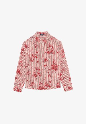 Koszula z długim rękawem zapinana na guziki w czerwone pionowe paski z czerwonymi kwiatowymi wzorami na białym tle.