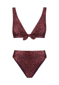 Bikini set featuring a triangular top with a front knot, and high-waisted bottom, in a maroon base with a leopard print pattern.