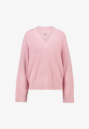 Roze gebreide trui met een V-hals, verlaagde schouders en geribde manchetten en zoom. Losse pasvorm met een gestructureerd stofpatroon.