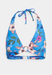 Blauw bloemenbikinitop met een driehoekig ontwerp, voorzien van roze en groene bloempatronen, verstelbare bandjes en een zilveren ronde accent.