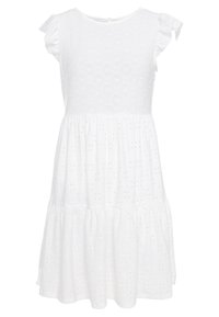 Vit klänning med korta ärmar i ett texturerat tyg med ögla-mönster, rund halsringning och en vågig, flödande kjol.