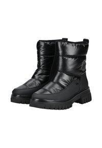 Botas de tobillo acolchadas negras con una textura brillante, que cuentan con una suela gruesa, paneles laterales elásticos y un acento de logo circular.