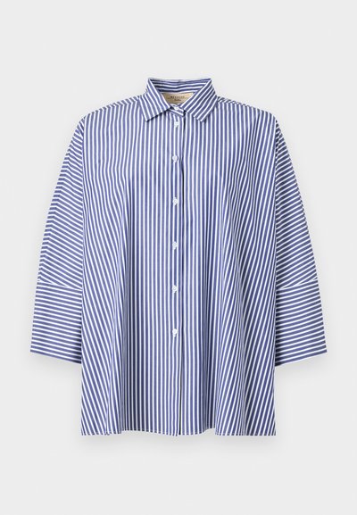Μπλε και λευκό κάθετα ριγέ πουκάμισο με κουμπιά, φαρδιά μανίκια και μυτερό γιακά, εμφανίζεται σε ανοιχτό γκρίζο φόντο.