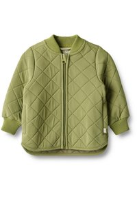 Prošívaná bunda ve světle zelené barvě, s předním zipem, žebrovanými manžetami a kulatým výstřihem; zdobená diamantovým vzorem po celém povrchu.