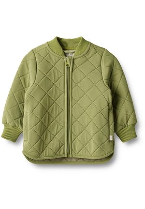 Gequiltede jas in lichtgroen, met een voorrits, ribgebreide mouwen en een ronde hals; gedetailleerd met een ruitpatroon over de hele jas.