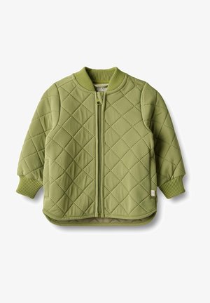 Veste matelassée de couleur vert clair, avec une fermeture éclair sur le devant, des poignets côtelés et un col rond ; ornée d'un motif en losanges sur l'ensemble.