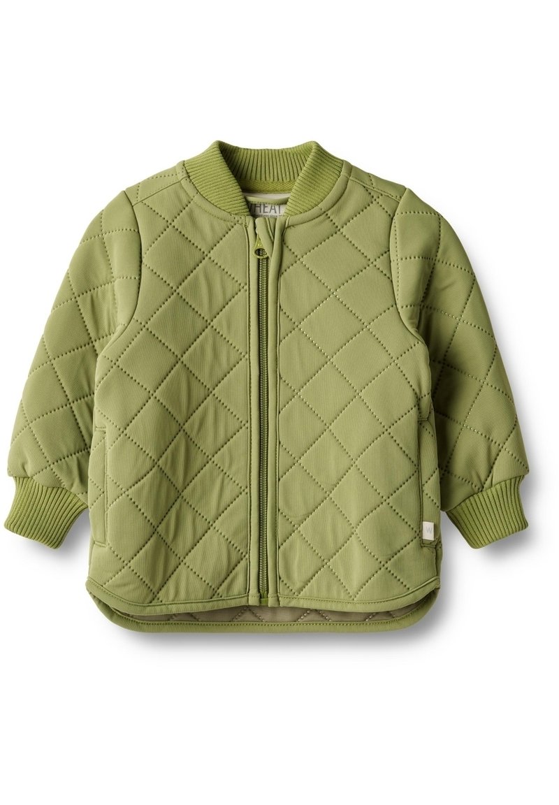 Prošívaná bunda ve světle zelené barvě, s předním zipem, žebrovanými manžetami a kulatým výstřihem; zdobená diamantovým vzorem po celém povrchu.