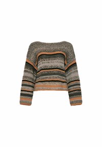 Sweter dzianinowy z krótkim krojem, w poziome paski w kolorach szarego, czarnego i rdzy, z teksturowaną włóczką i szerokimi rękawami.