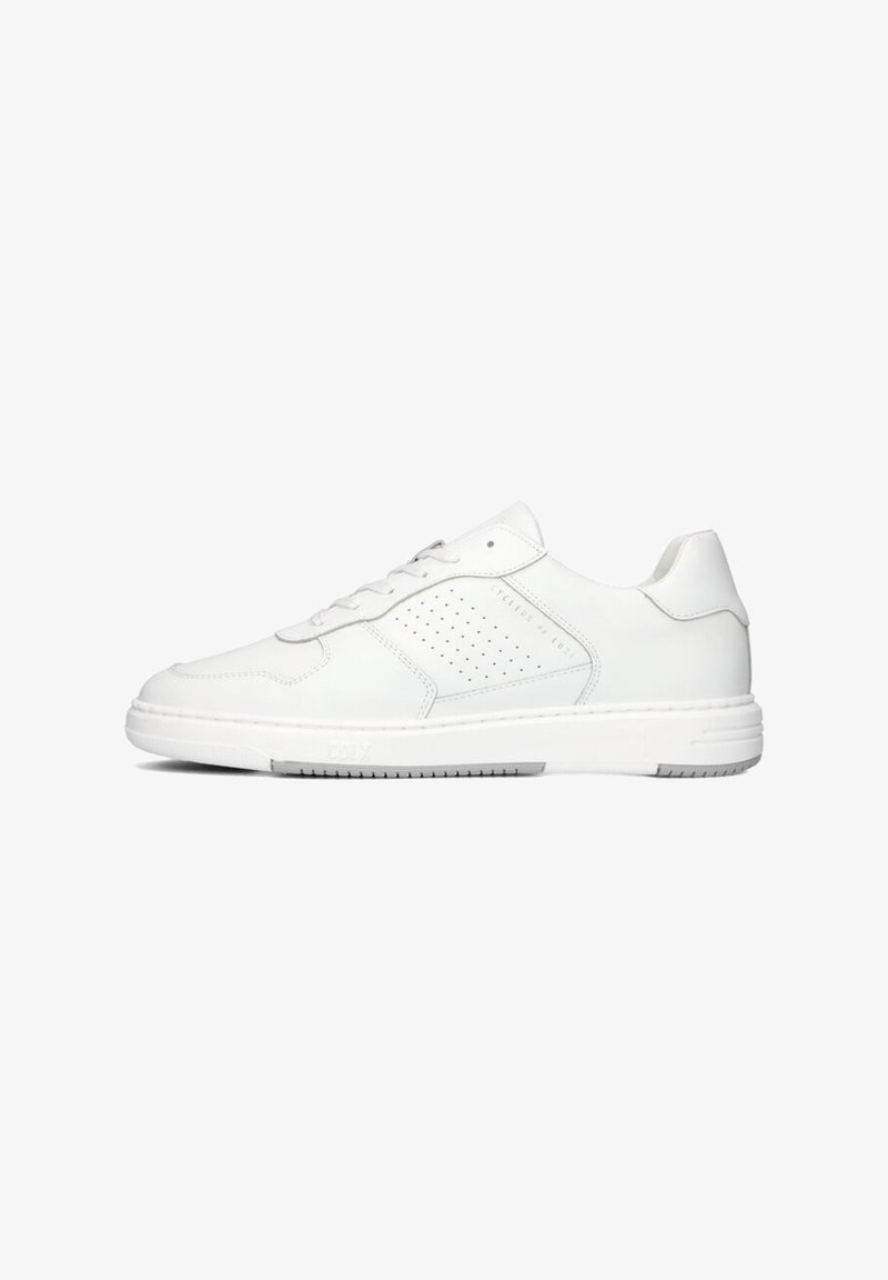White leather sneaker with a smooth texture, a rounded toe, perforated side detailing, and a flat rubber sole for traction.