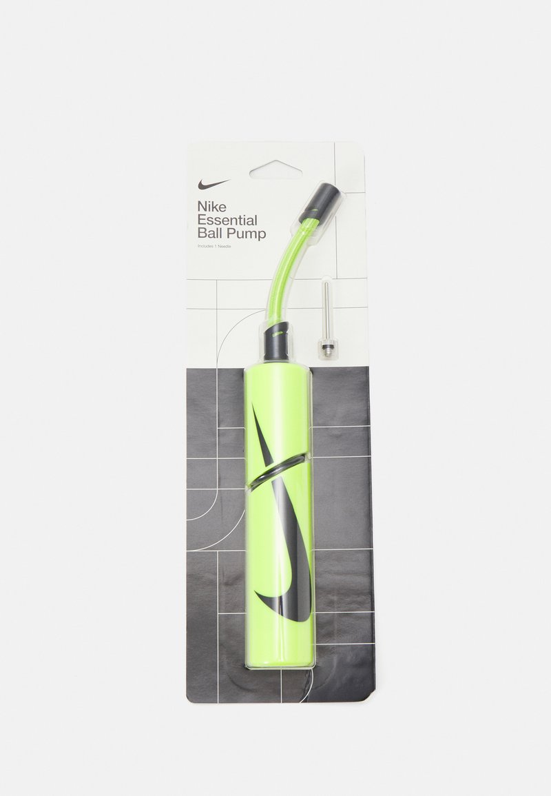 Nike Essential Ball Pump in bright lime green plastic with black logo; includes flexible tube and a needle attachment, packaged in a sleek design.