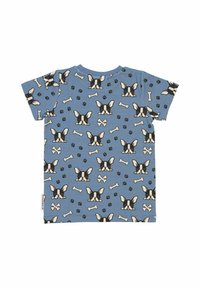 Blå kortärmad T-shirt med ett mönster av franska bulldoggar, ben och tassavtryck i svart och vitt. Mjukt, bomullstyg.