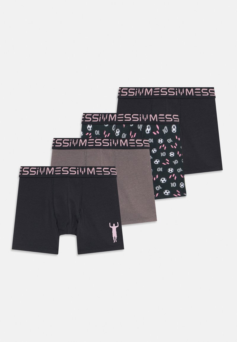Four pairs of boxer shorts: solid black, gray, and a patterned design with soccer motifs and pink accents; elastic waistbands with branding.